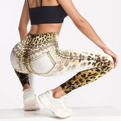 Leopard Print Yoga Pants Seamless Bleaching Print High Waist Peach Buttock Fitness Sports Trousers Breathable