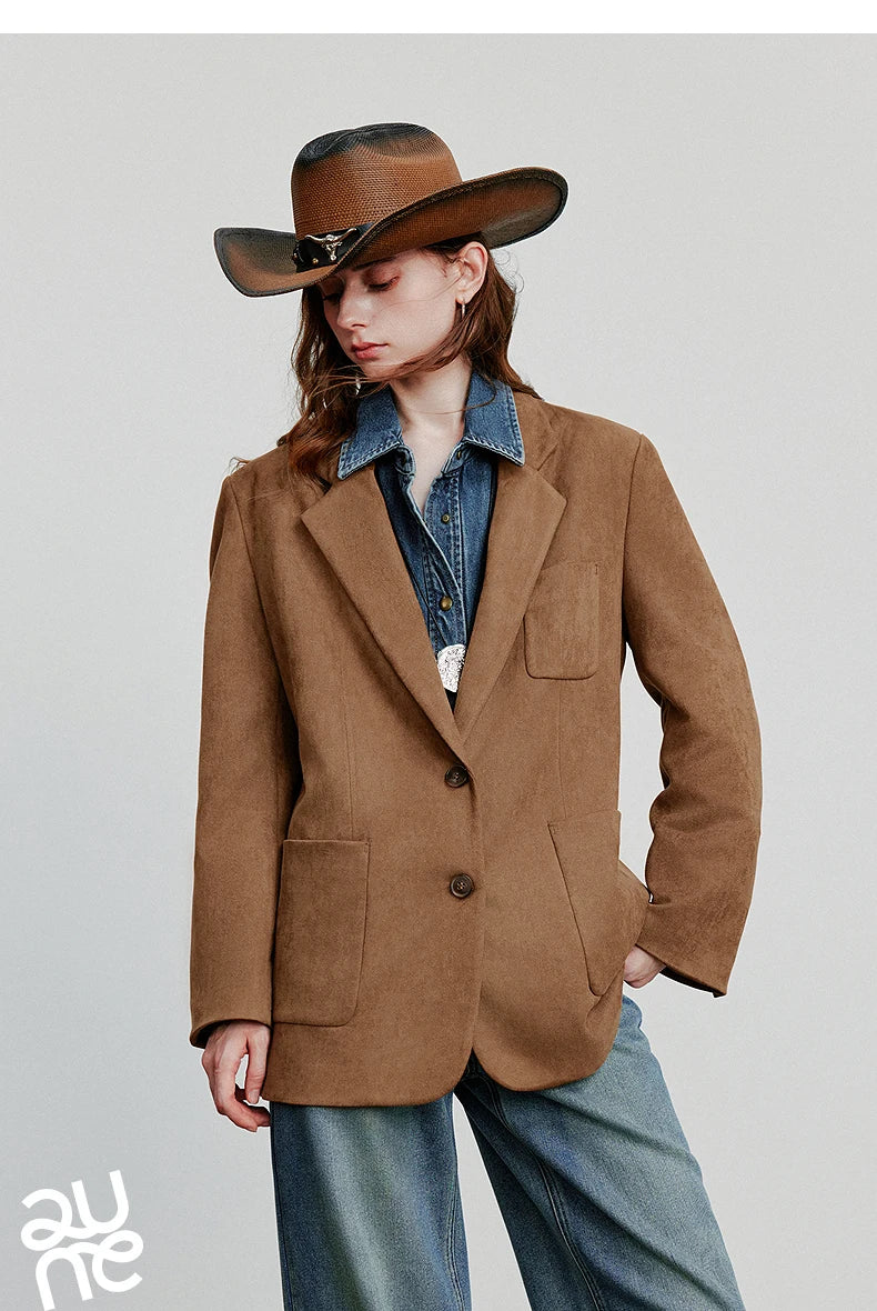 TOYOUTH Women Blazer 2025 Autumn New Barn Style Retro Brown Suede Lightweight Lapel Collar Single Breasted Button Suit Coat