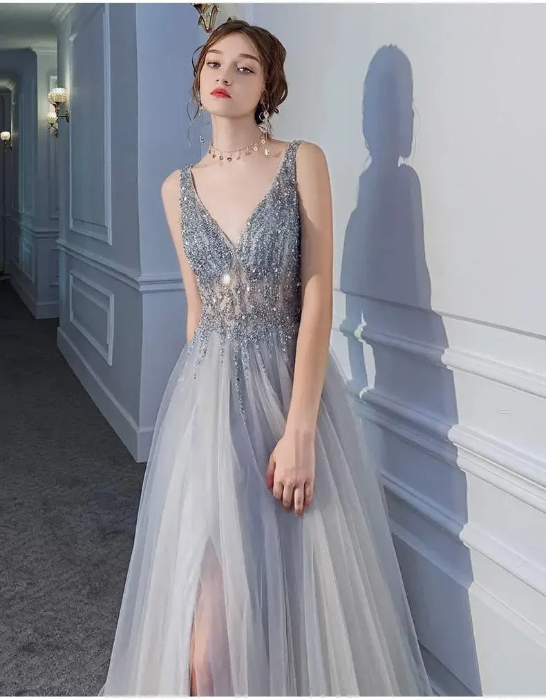 Women's Evening Dresses Sexy V-neck Luxury Formal Party Gown Backless Beads Sequins Tulle Side Split Banquet Evening Dress