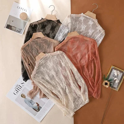 Women Mesh T-Shirts Transparent Lace Blouse Long Sleeve See Through Tops