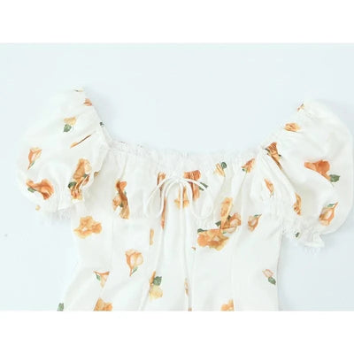 Summer Dresses 2025 Women French Style Floral Print Puff Sleeve Dress Lace Trim A-line Short Elegant Sundress Chic Lady Robe