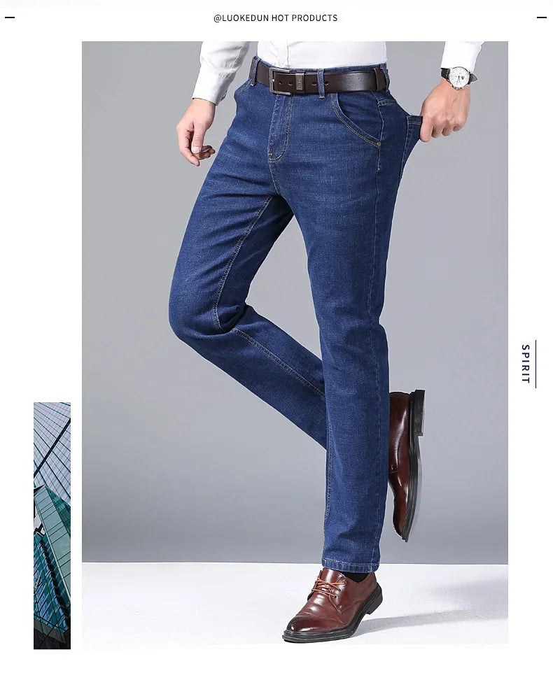 Men's Comfortable Soft Business Casual Denim Trousers Slim Fit Straight Pants Fashion Male Brand Light Luxury Stretch Clothing