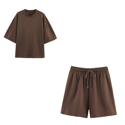 Women Summer Fashion 2 Pieces Short Sets Solid Loose T-Shirt and High Elastic Waist  Shorts Sportswear Female Chic Lady