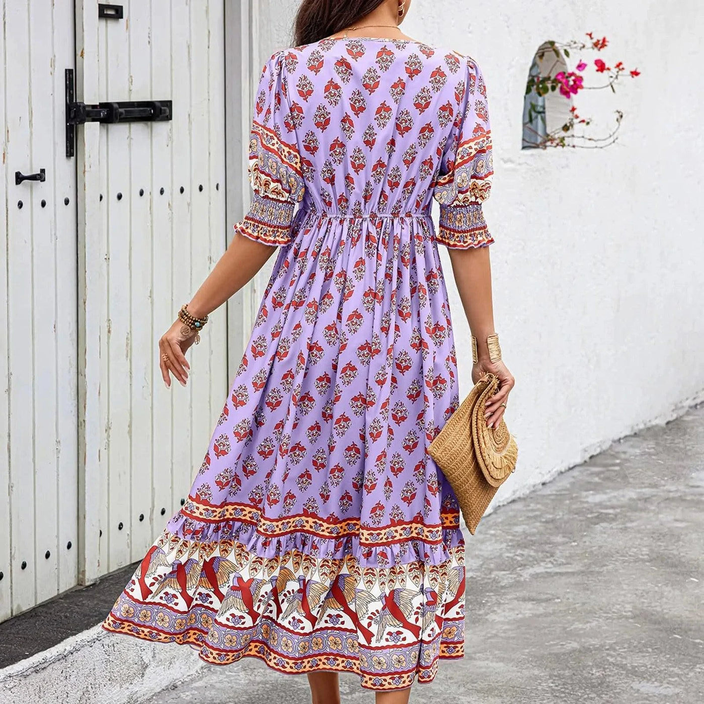 dresses for women Fashion summer Casual long dresses Bohemian V-Neck Printed High Waisted Big Swing Dress vestidos cortos