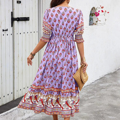 dresses for women Fashion summer Casual long dresses Bohemian V-Neck Printed High Waisted Big Swing Dress vestidos cortos
