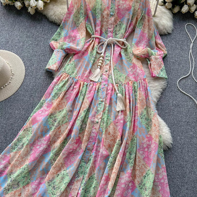 Long Dress Women Dresses A Line Chiffon Vestidos Stand Collar Streetwear Floral Print Elegant Splice Y2k Party Night High Waist