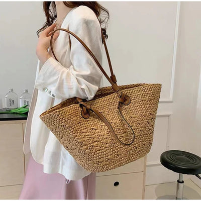 Designer Bohemian Chic Shoulder Bag,Solid Color Large Capacity Straw Woven Tote Bag,Nature-Inspired Beach Vacation Women Handbag