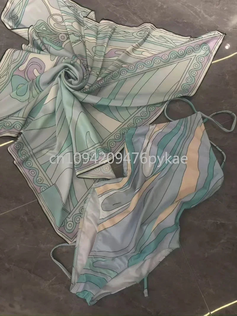 Luxury Design Women's Blue Scarf Swimsuit Designer Brand Lady Beach Swimswear