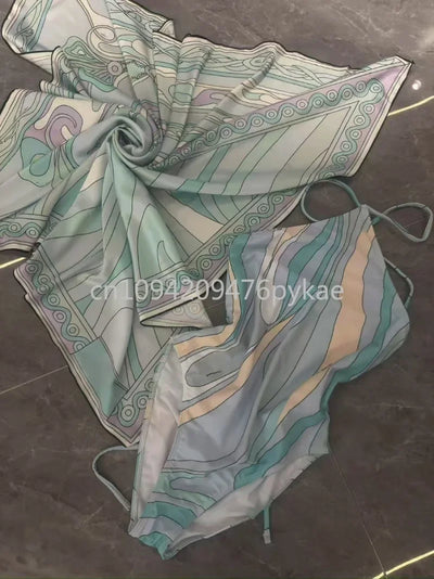 Luxury Design Women's Blue Scarf Swimsuit Designer Brand Lady Beach Swimswear