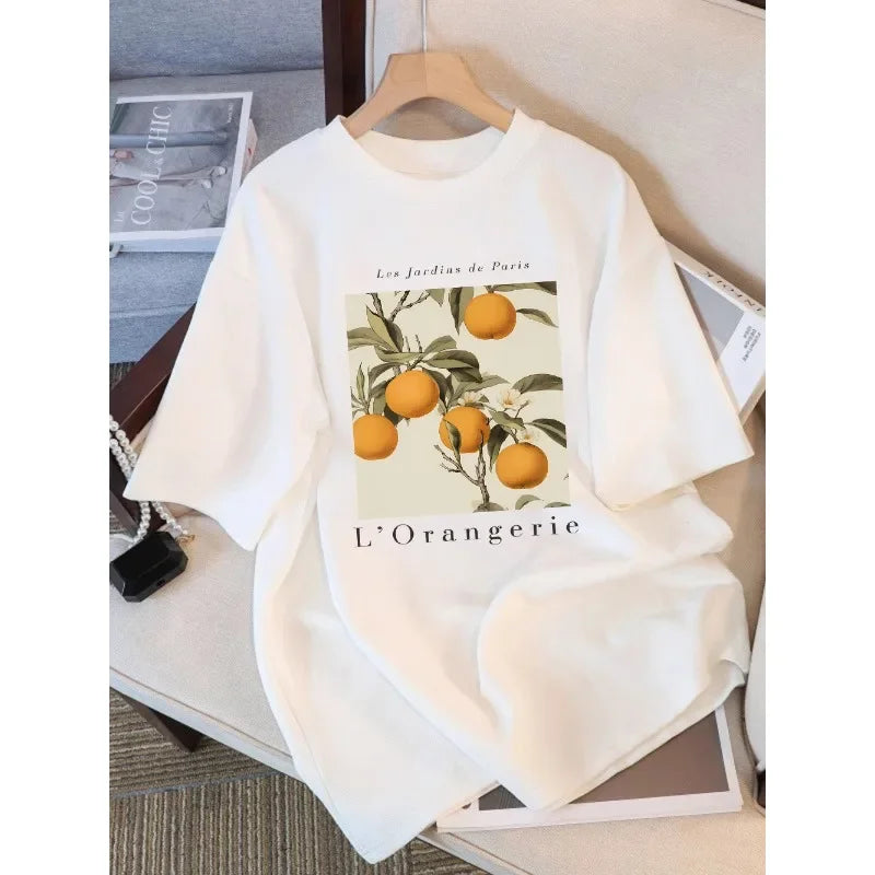 Summer T-Shirts Women Fresh Oranges Fruits Printing Tops Loose O-Neck Soft Comfortable Short Sleeve Street Woman Clothes Summer