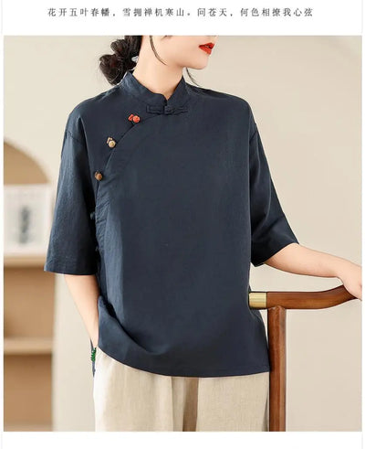 New Women's Retro Cotton Linen Short-sleeved Shirt with Diagonal Placket and Stand-up Collar Tea Top