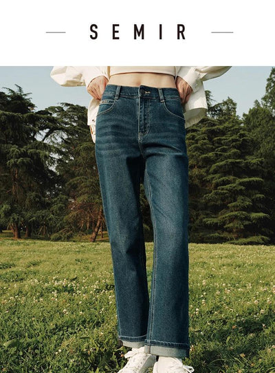 Semir 2023 Women Jeans Autumn New Rolled-edge Straight-leg Pants Slimming Trousers for Women