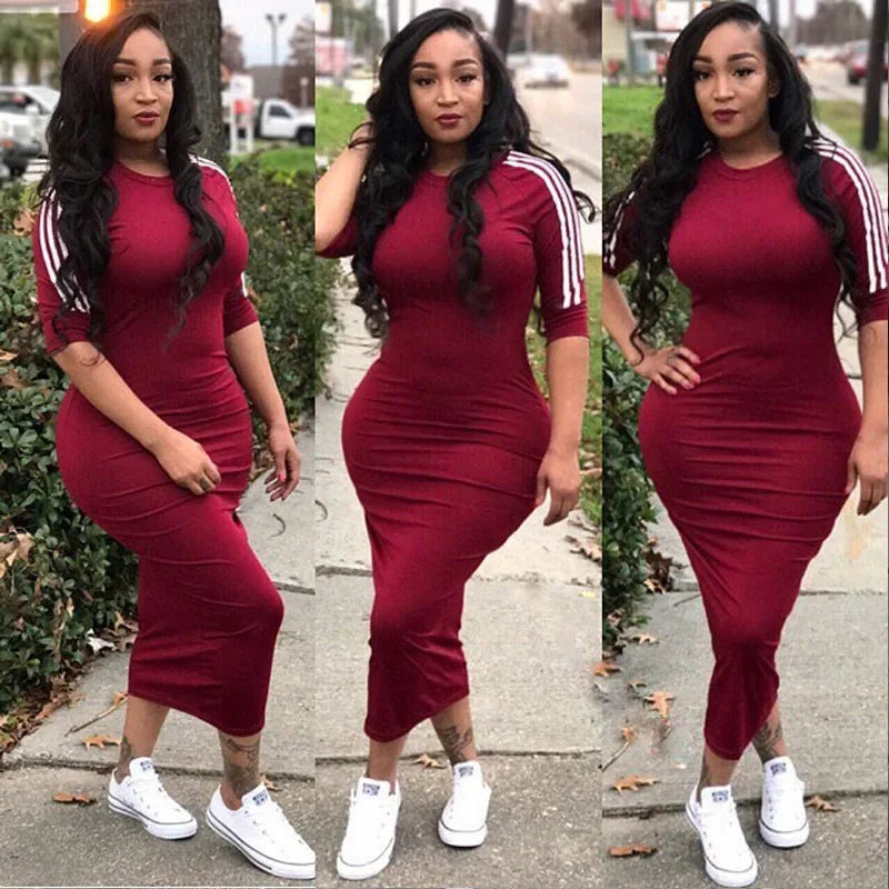 Summer Elegant Dress  for Women 2022 Fashion Casual Half Sleeve Stripe O Neck Mid Female Bodycon Dress vestidos