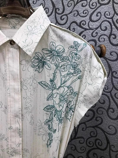 Newest Fashion Summer Dress 2025 High Quality Cotton Women Turn-down Collar Floral Embroidery Short Sleeve Long Shirt Dress Belt