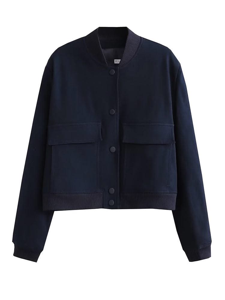 Women Fashion Solid Bomber Jackets Coat With Pockets V-Neck Single Breasted