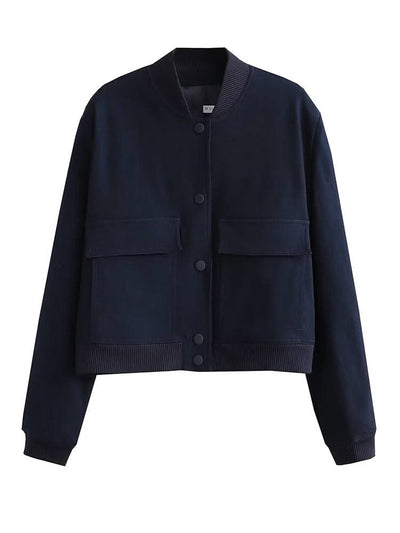 Women Fashion Solid Bomber Jackets Coat With Pockets V-Neck Single Breasted