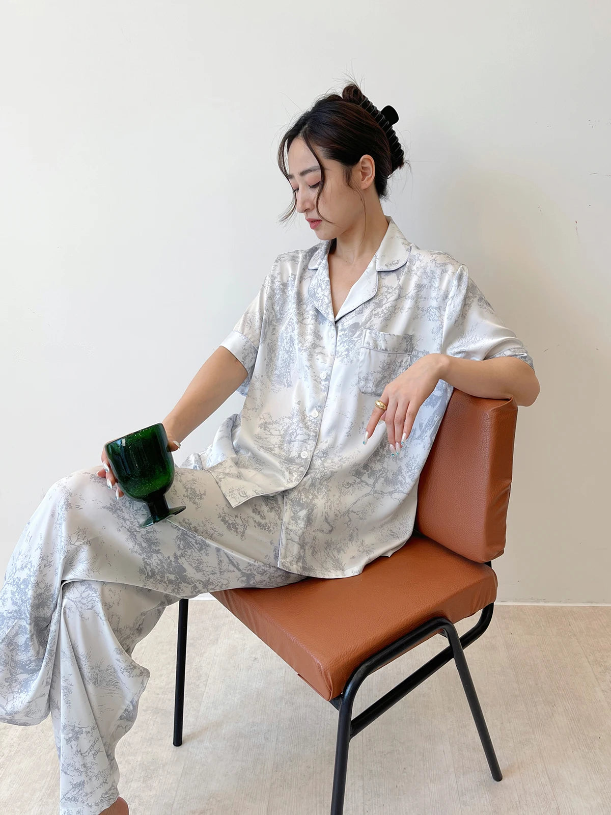 Fashion Elegant Female Pajamas Lounge Wear Set Sexy Print Flower Sleepwear Trouser Suits Spring Summer Loose Satin Home Wear