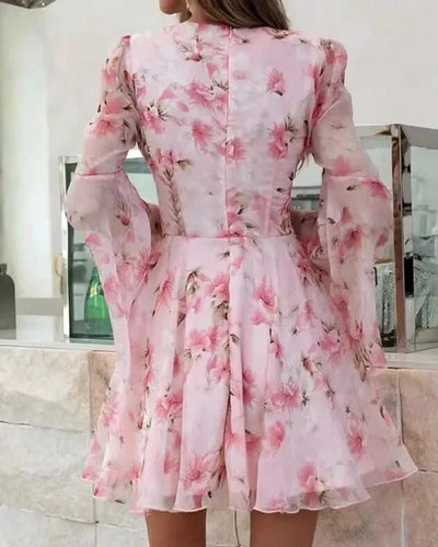 Summer Dresses Women 2025 Sweet Floral Print Bell Sleeve Plunge Dress Sexy V Neck Party Female Dress for Girl Beautiful Clothes