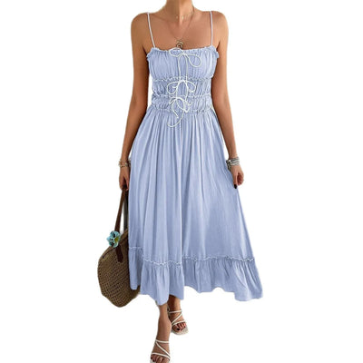 2025 Spring and Summer A-line Skirt Casual Holiday Style Lace Stitching High Waist Suspender Dress Women