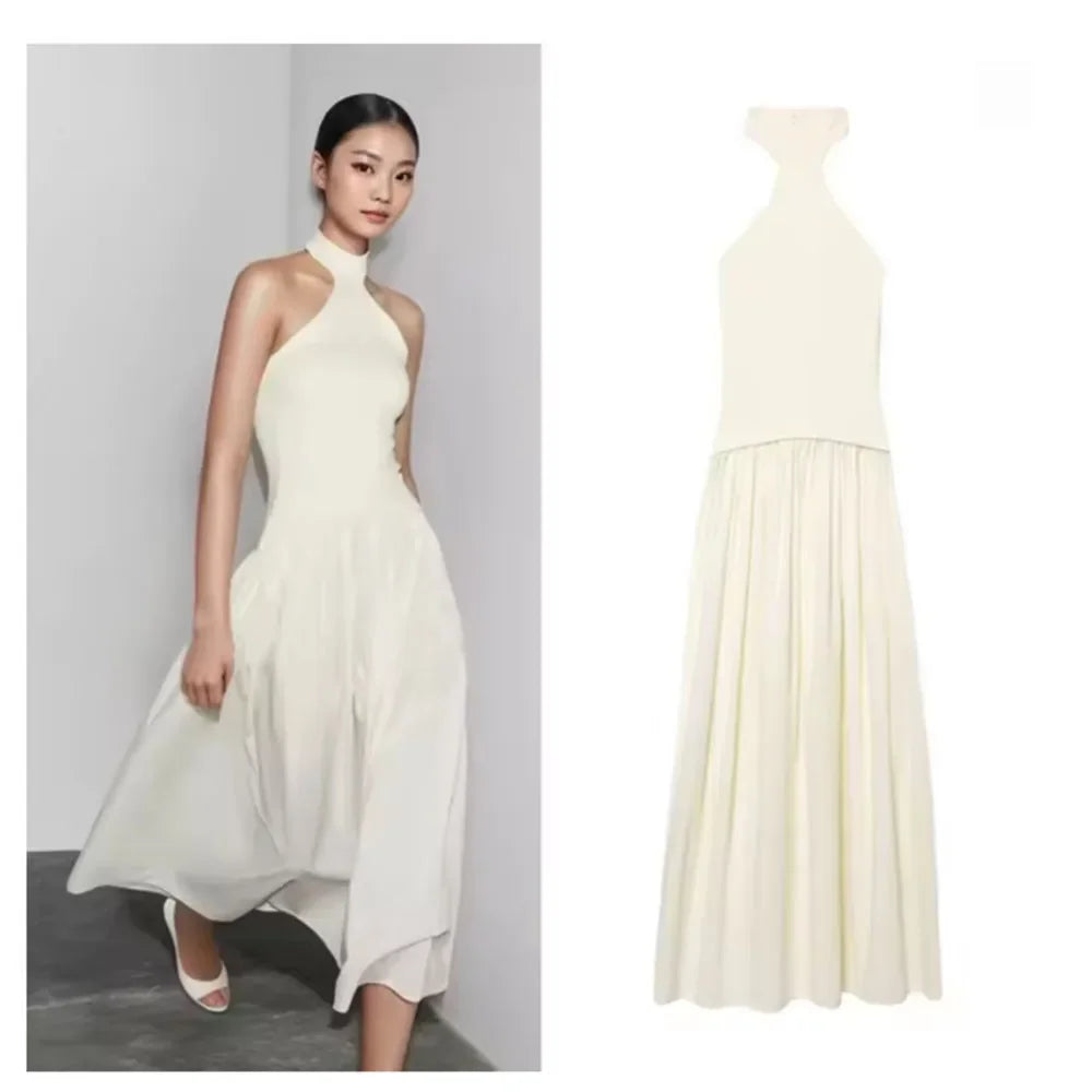 Women's Dress New Summer 2025 White Halterneck Panelled Dress Sexy off-the-shoulder design Elegant temperament Personality