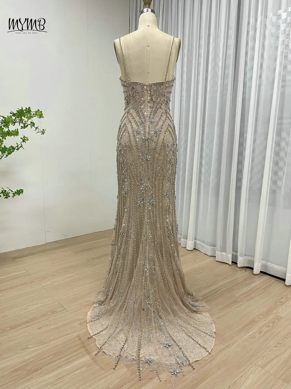 MYMB Luxury Mermaid Sheath Evening Gown for Women Wedding Party Dubai Sexy Spaghetti Straps Backless Beaded Prom Dress DSH16188
