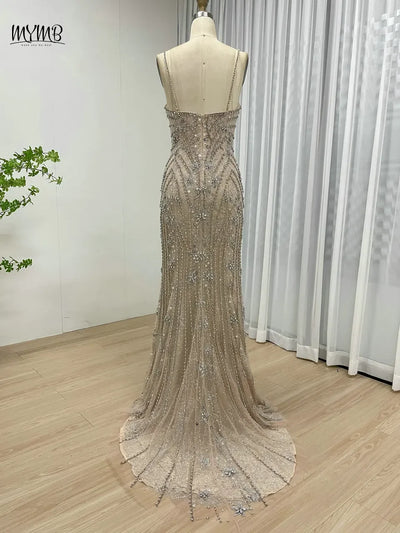 MYMB Luxury Mermaid Sheath Evening Gown for Women Wedding Party Dubai Sexy Spaghetti Straps Backless Beaded Prom Dress DSH16188