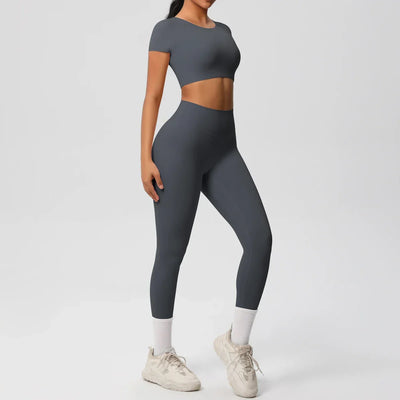 Yoga Set 2 Pieces Women Tracksuits Workout Sportswear Gym Clothing Fitness Short Sleeve With Padded High Waist Leggings Suits