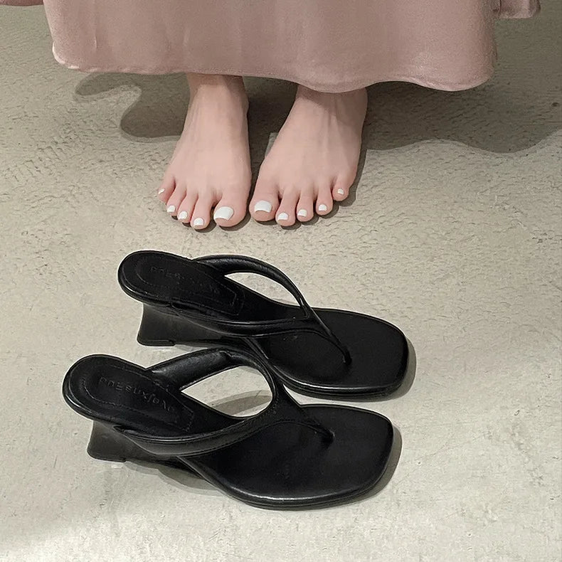 Women High-heeled Slippers 2025 Summer Clip Toe Flip Flop Fashion Pumps French Wedge Sandals Square Toe Ladies Shoes Sandalias