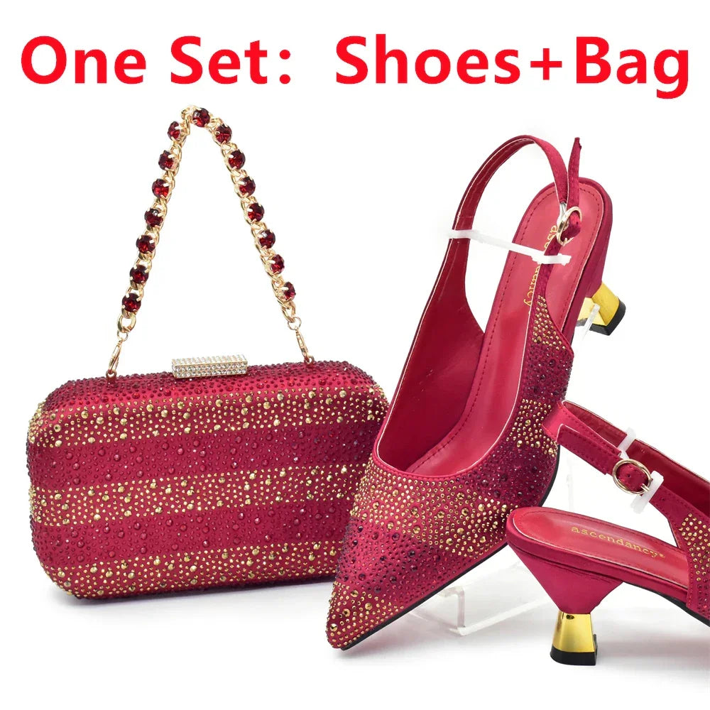 African Shoe and Bags Set for Wedding Women Shoes and Bags To Match Set with Rhinestone Italy Lady Pumps Women Shoes Luxury