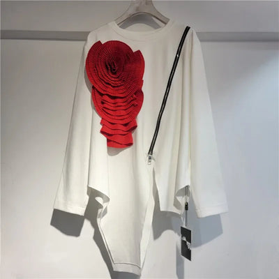 YEAE 2025 Spring New Items Fashion Flower Patchwork Loose T-shirts For Women Irregular Long Sleeves Tops Female