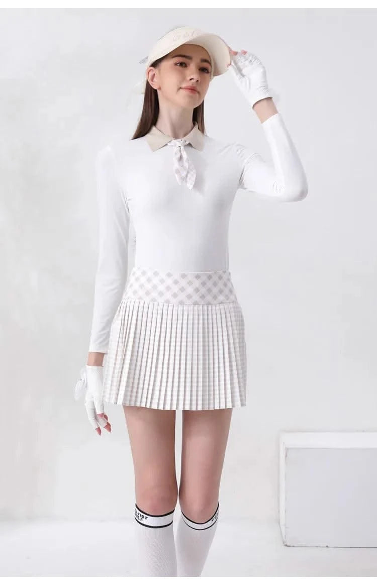Women's Golfwear for Spring/Autumn Slim-Fit Long-Sleeve Top with Polo Collar and Bow Tie, High-End Golf Hundred-Pleat Skirt Suit