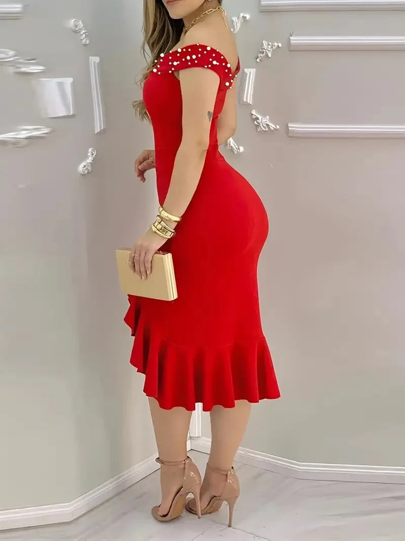Womens Dresses New Summer Fashion Beaded Off Shoulder Ruffles Slit Hem Elegant Plain Short Sleeve Skinny Midi Party Dress