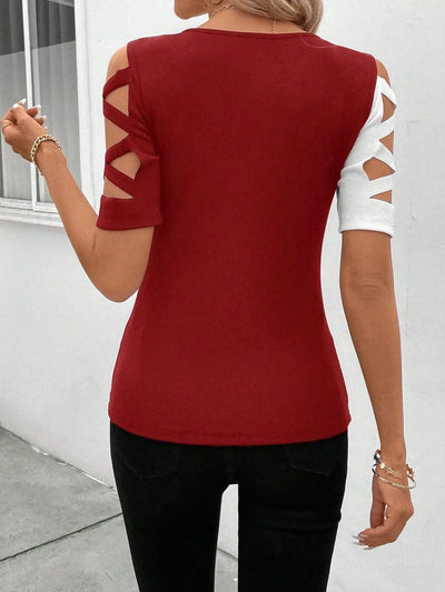 Women's Blouses T-shirt Summer New Colour Block Cross Off Shoulder