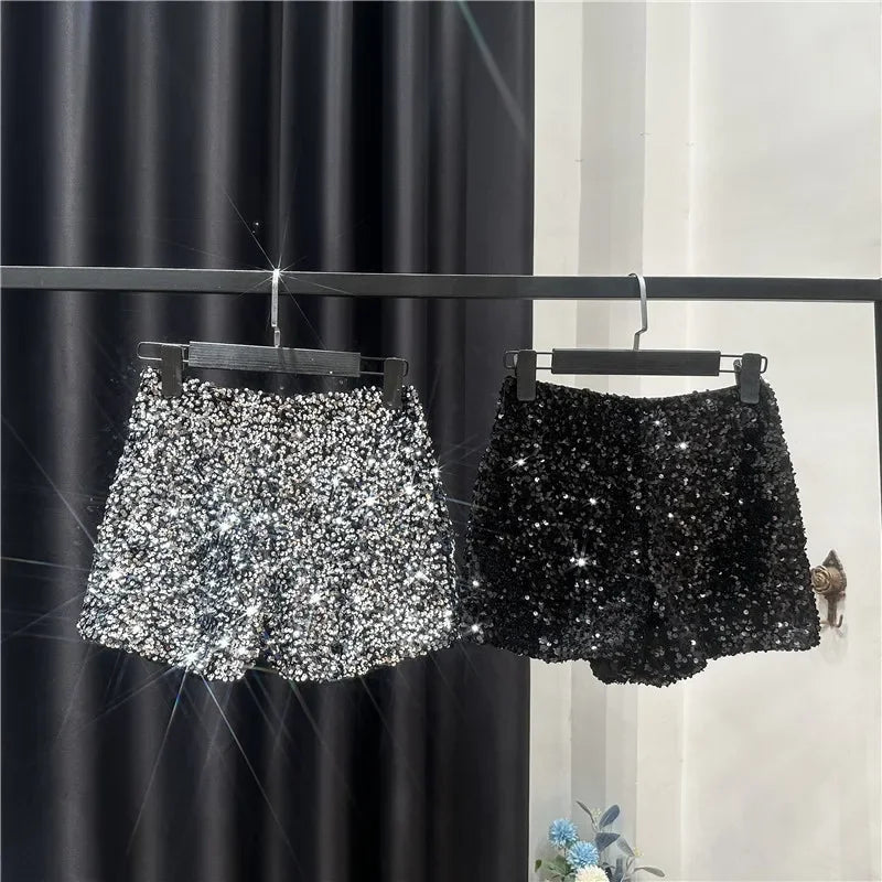 2025 New Summer Spring New Full Sequined Shiny Casual Shorts Heavy Zipper Nightclub Socialite Short Shorts Hot Pants for Women - Elanique