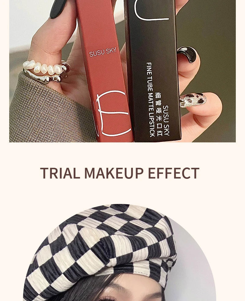TX010Thin Tube Matte Lipstick, Waterproof and Sweatproof, Does Not Fade Or Remove Makeup, Can Be Used on Both Lips and Cheeks