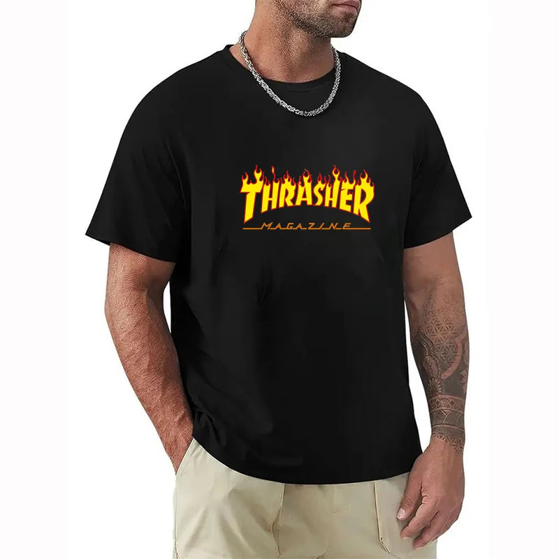 T-shirts for Men Personalized T-Thrashers Y2k Clothing High Quality Summer Tops Vintage Streetwear Short Sleeve Tee White