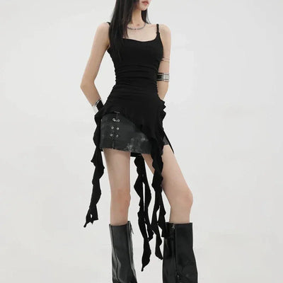 Deeptown Sexy Tank Top Asymmetrical Black Y2k Women Ruffle Grunge Backless Coquette Fashion Streetwear Tops Solid Aesthetics
