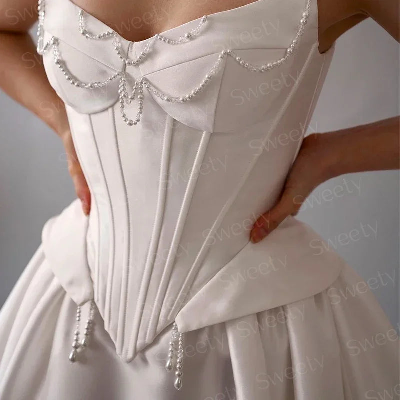 Charming Wedding Dress Satin Taffeta With Pearls A-Line Floor Ball Gown Princess Strapless Lace Up Customized Vestido De Novia
