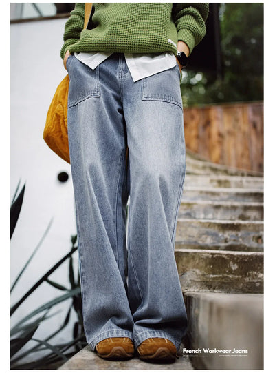 Maden Vintage Straight Denim Jeans with Washed YKK Zipper Loose Fit Casual Trousers for Women's Fall and Winter Versatile Pants