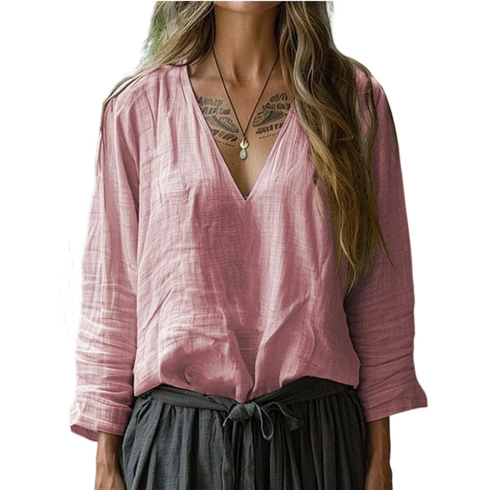Women Cotton And Linen Top Spring Summer Fashion Casual V-Neck Long Sleeve Loose Pullover Tops Thin Lightweight Comfy Blouse Top
