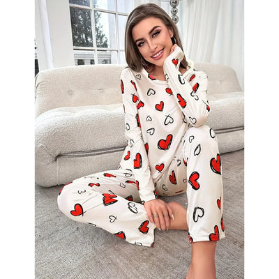 Sleepwear Women's Black Love Print Long Sleeve Trousers Student Loungewear Pajama Set Girl O-Neck Fashion Soft Casual Nightwear