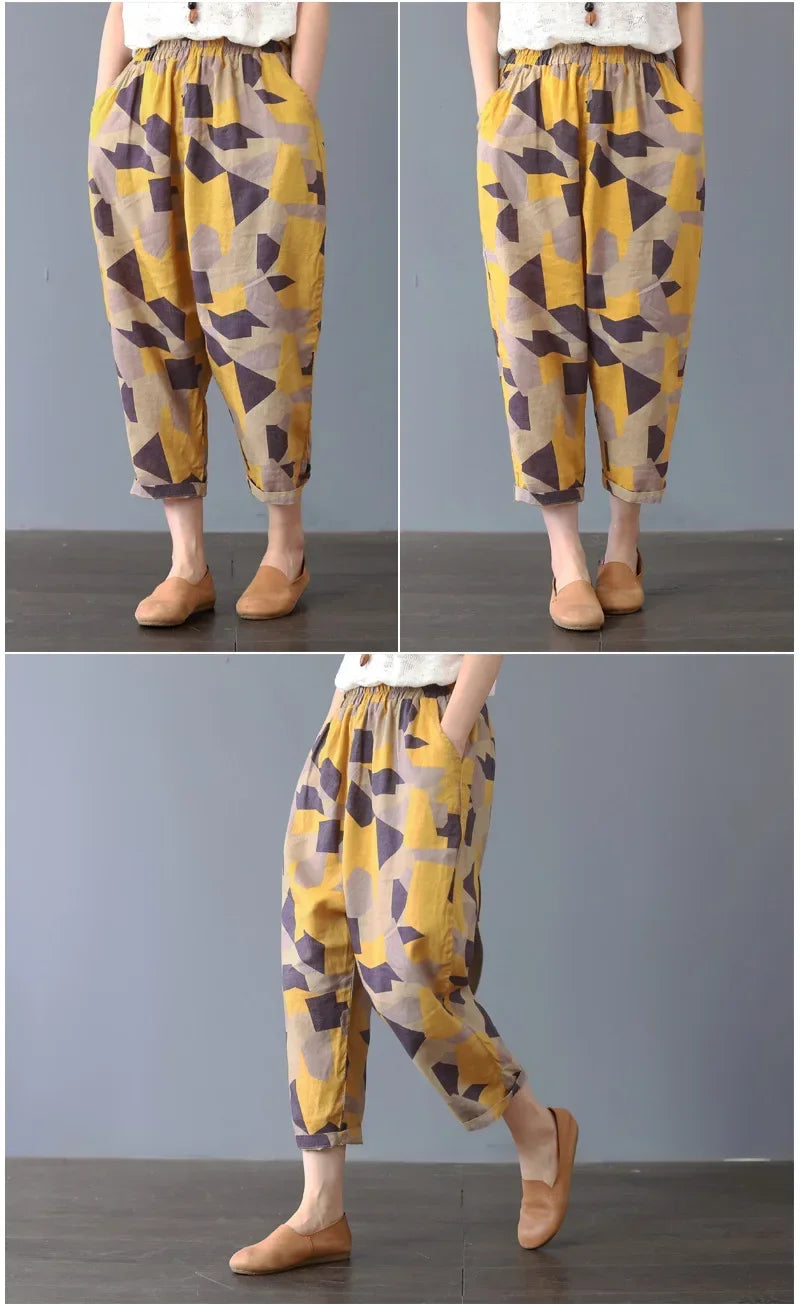 Casual Wide Leg Pants Women Summer Harem Pants for Women Retro Fashion Print Loose Cotton Linen Pants Printed Ankle-Length Pants