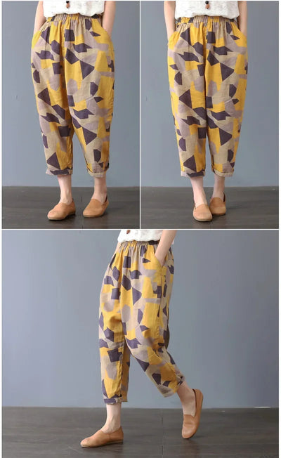 Casual Wide Leg Pants Women Summer Harem Pants for Women Retro Fashion Print Loose Cotton Linen Pants Printed Ankle-Length Pants