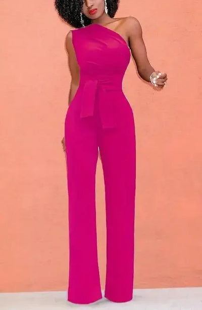 Women's Jumpsuit Solid Skew Collar Crop Top Straight Pants Belt Sexy Sleeveless Loose Pants Elegant Charming Playsuits 2024