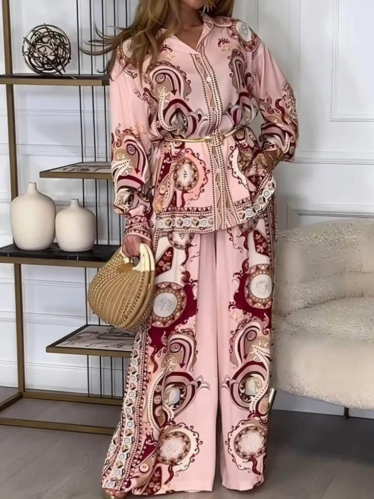 Wide Leg Pants Printing Patchwork 2PCS Outfit, Women Spring Summer Single-Breasted Fashion Sets, Turn-Down Collar Ladies Suits