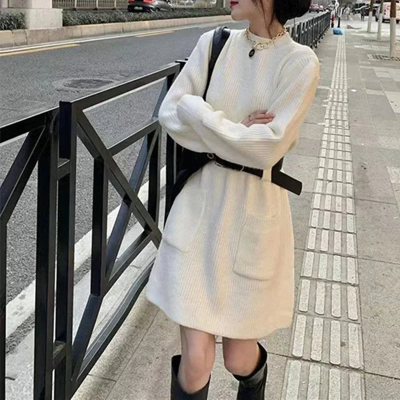Korean Fashion with Belt Short Dress Women Vintage Long Sleeve Knitted Dresses Female 2025 New Loose Pocket Solid Basic Dresses