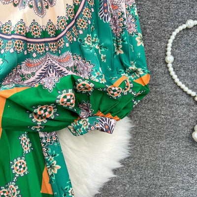 Retro Elegant Sashes O Neck Single Breasted Print Dresses Long Lantern Sleeves A-line Casual High Waist Women Autumn Clothing