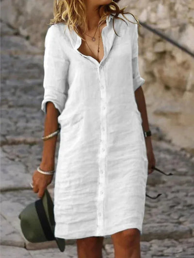 White Spring Cotton Linen Women's Mini Dress Half Sleeve Elegant  Female Trendy Autumn Casual Clothes Office Lady Shirt Dresses