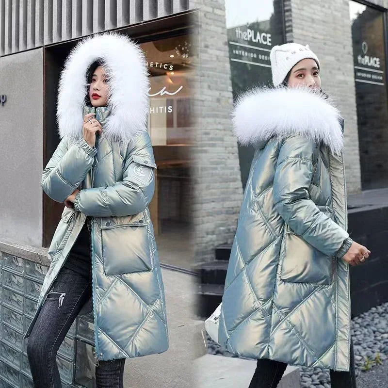 2025 Autumn Winter Hooded Fur Collar Long Parkas Mujer Thick Warm Down Cotton Padded Jacket Women Casual Hoodies Coat Female