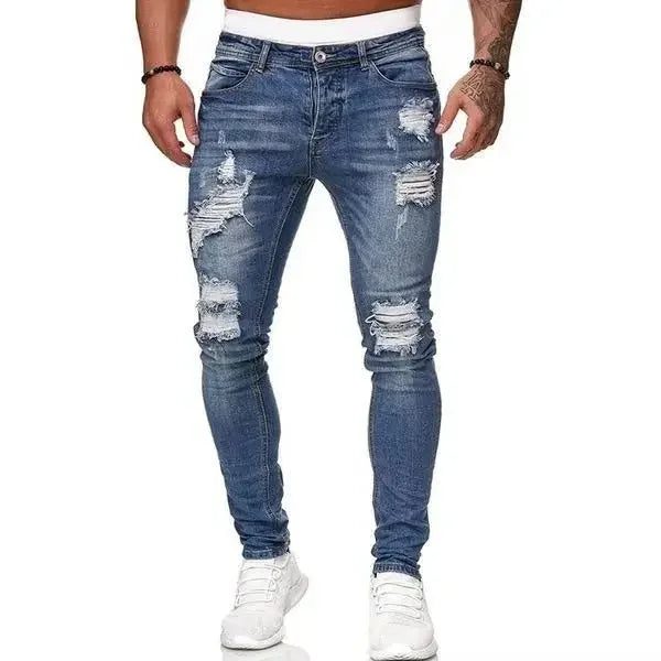 New Fashion Streetwear Ripped Skinny Jeans Men Vintage Wash Solid Denim Trouser Mens Casual Slim Fit Pencil Denim Pants Hot Sale